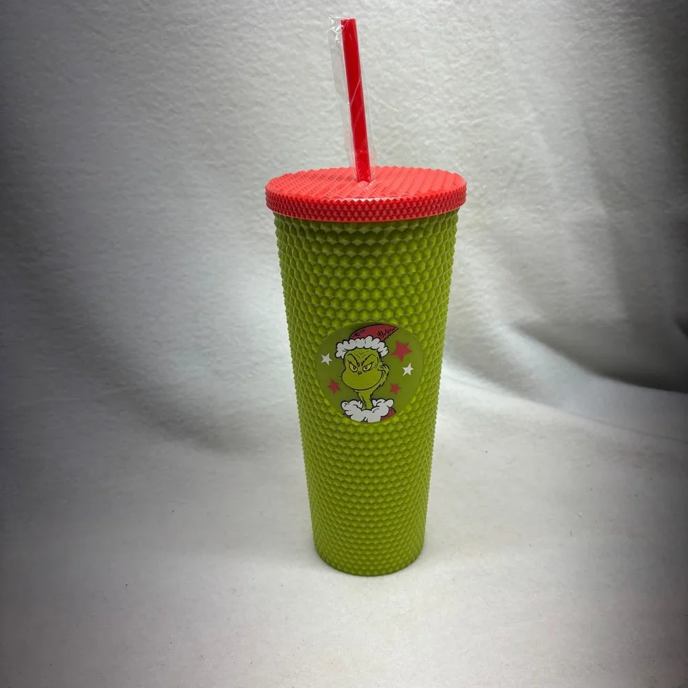 Grinch Studded Tumbler Reusable Cup with‎ Lid and Straw Christmas Holiday Gift